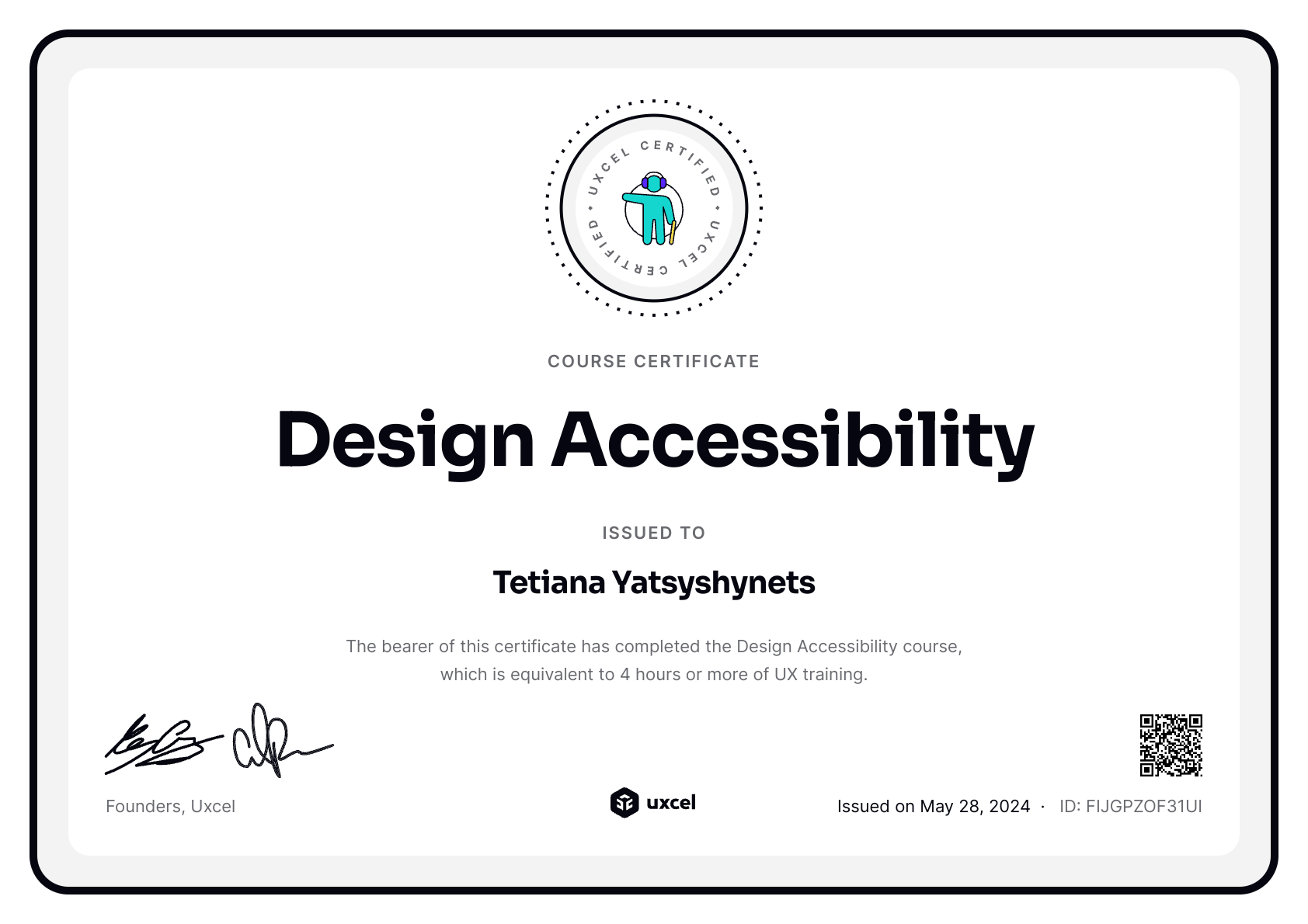 Tetiana Yatsyshynets's certificate
